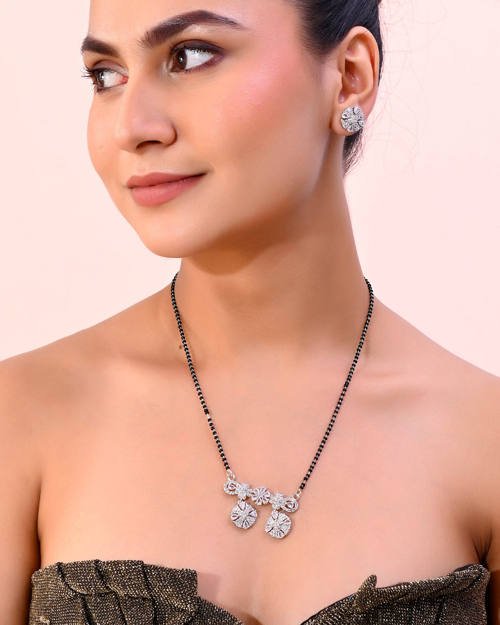 VOJ Silver-Plated Black Beaded & AD Studded Chain Mangalsutra Set | Grocsy