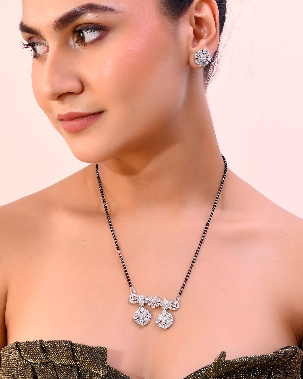VOJ Silver-Plated Black Beaded & AD Studded Chain Mangalsutra Set | Grocsy