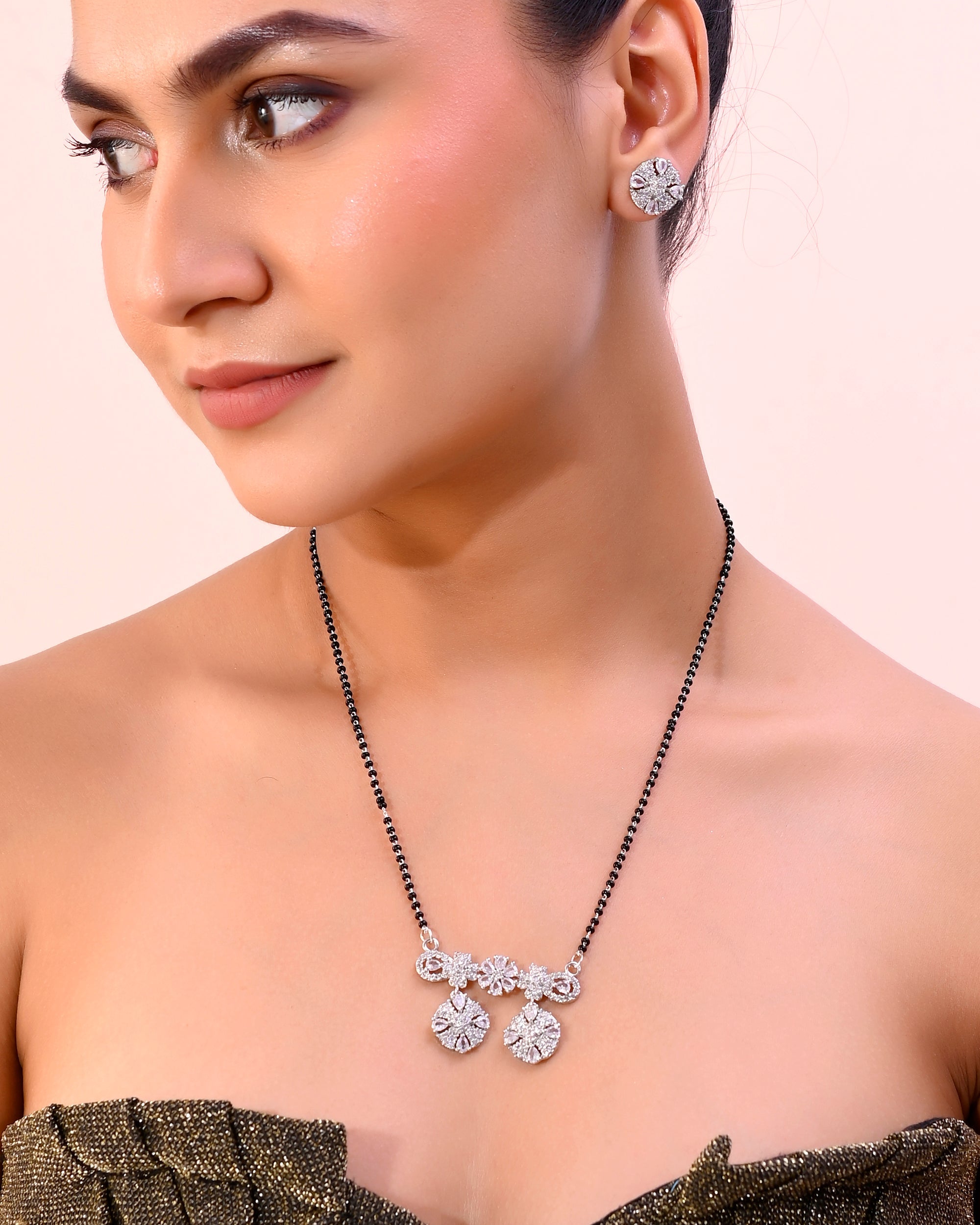 VOJ Silver-Plated Black Beaded & AD Studded Chain Mangalsutra Set | Grocsy