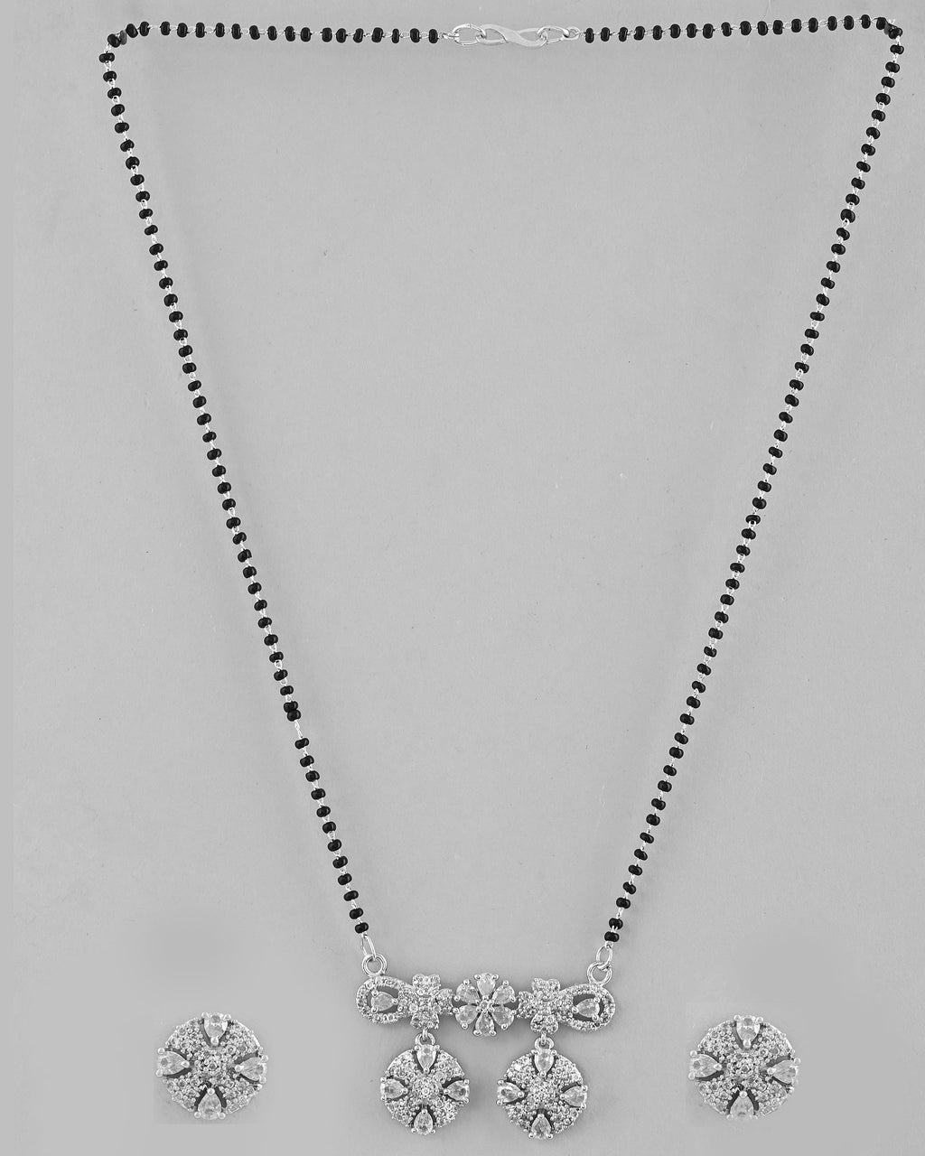 VOJ Silver-Plated Black Beaded & AD Studded Chain Mangalsutra Set | Grocsy