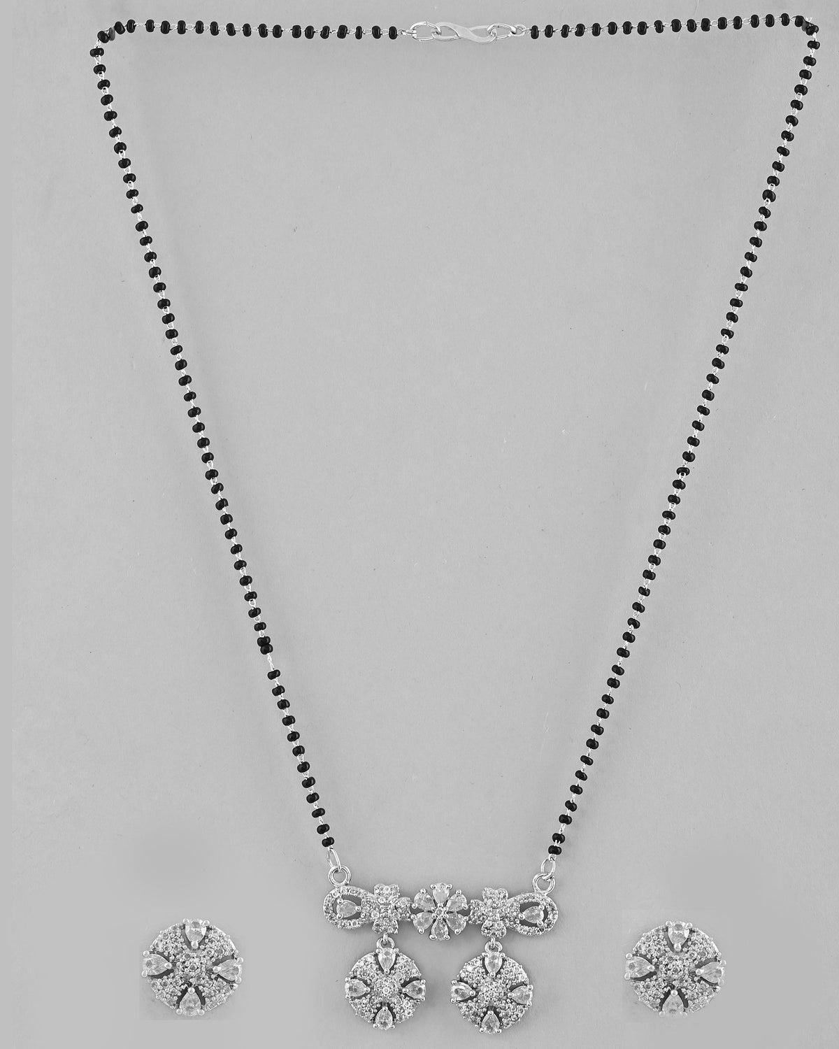 VOJ Silver-Plated Black Beaded & AD Studded Chain Mangalsutra Set | Grocsy