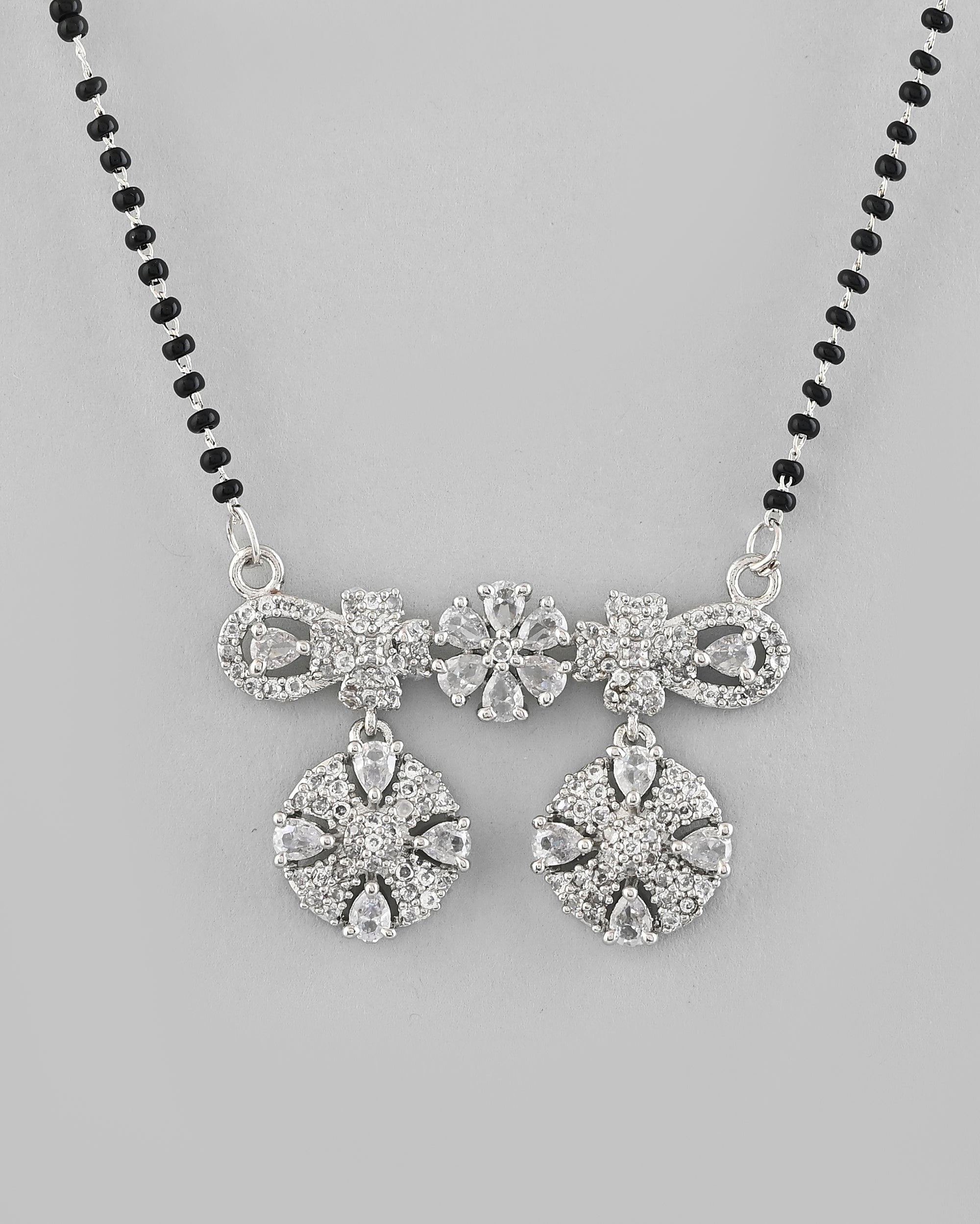 VOJ Silver-Plated Black Beaded & AD Studded Chain Mangalsutra Set | Grocsy