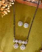 VOJ Silver-Plated Black Beaded & AD Studded Chain Mangalsutra Set | Grocsy