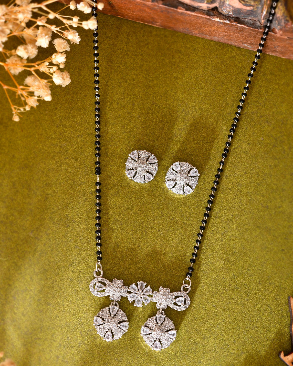 VOJ Silver-Plated Black Beaded & AD Studded Chain Mangalsutra Set | Grocsy