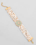 VOJ Gold-Polished Green Flower Studded And Beaded Mutli Layer Bracelet