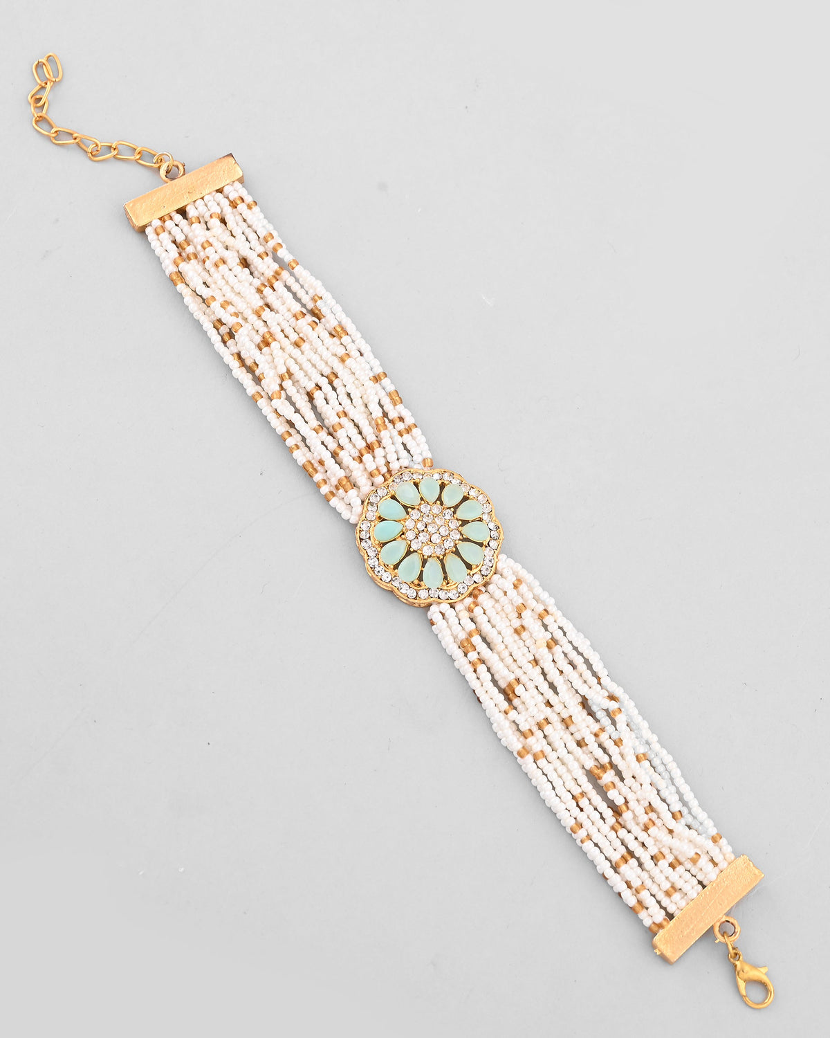 VOJ Gold-Polished Green Flower Studded And Beaded Mutli Layer Bracelet