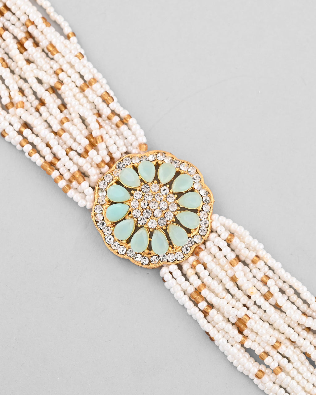 VOJ Gold-Polished Green Flower Studded And Beaded Mutli Layer Bracelet