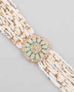 VOJ Gold-Polished Green Flower Studded And Beaded Mutli Layer Bracelet