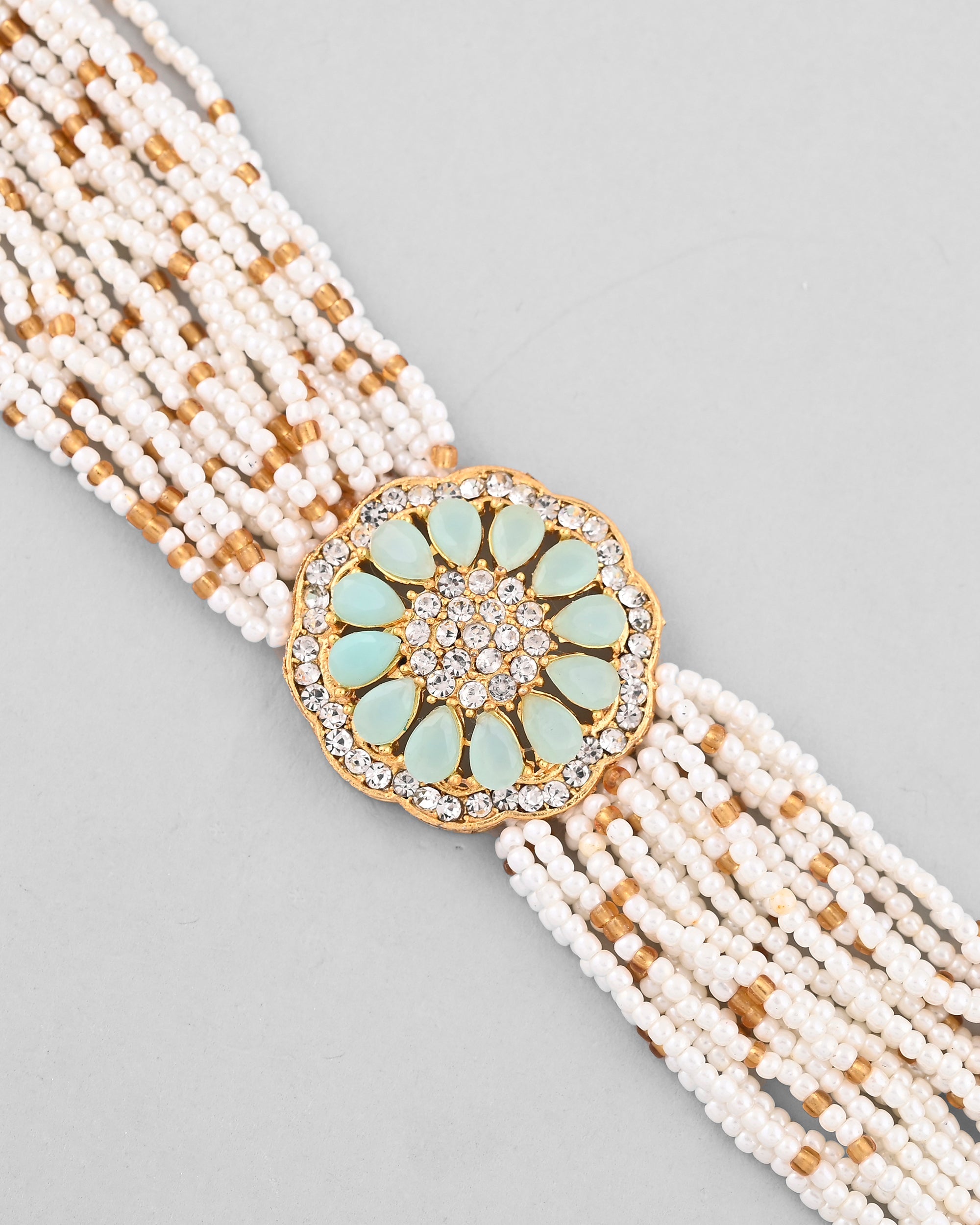 VOJ Gold-Polished Green Flower Studded And Beaded Mutli Layer Bracelet