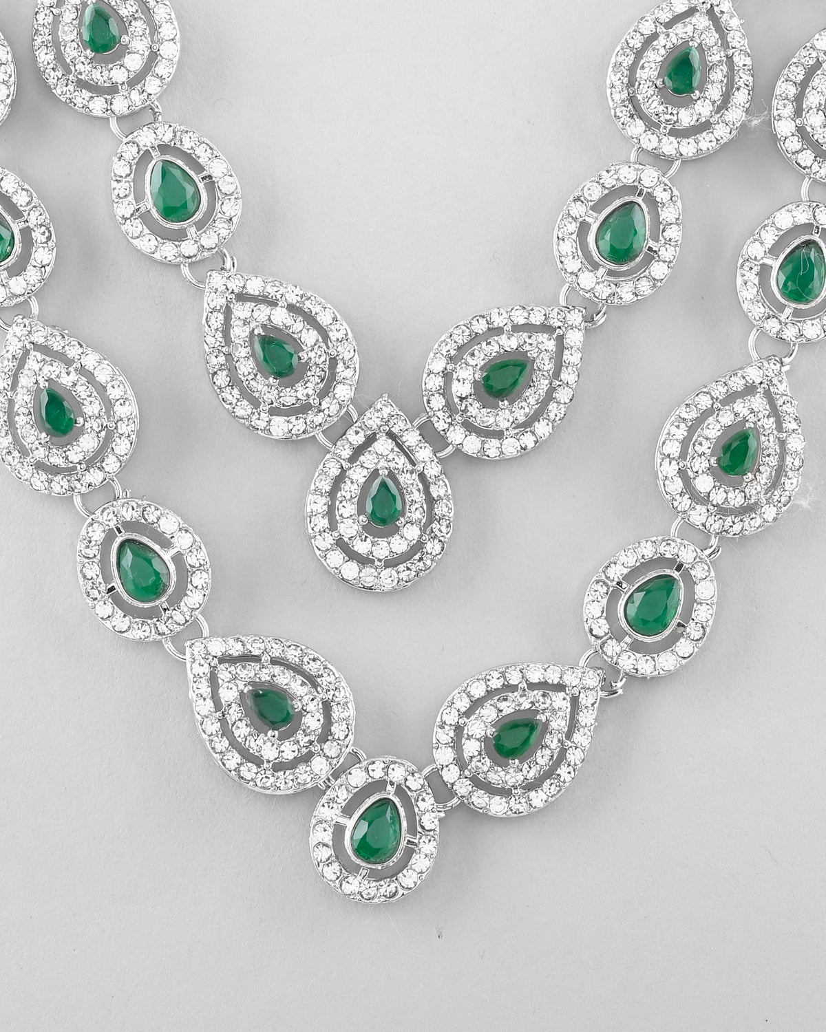 VOJ AD Studded with White and Green Stone Layered Jewellery Set