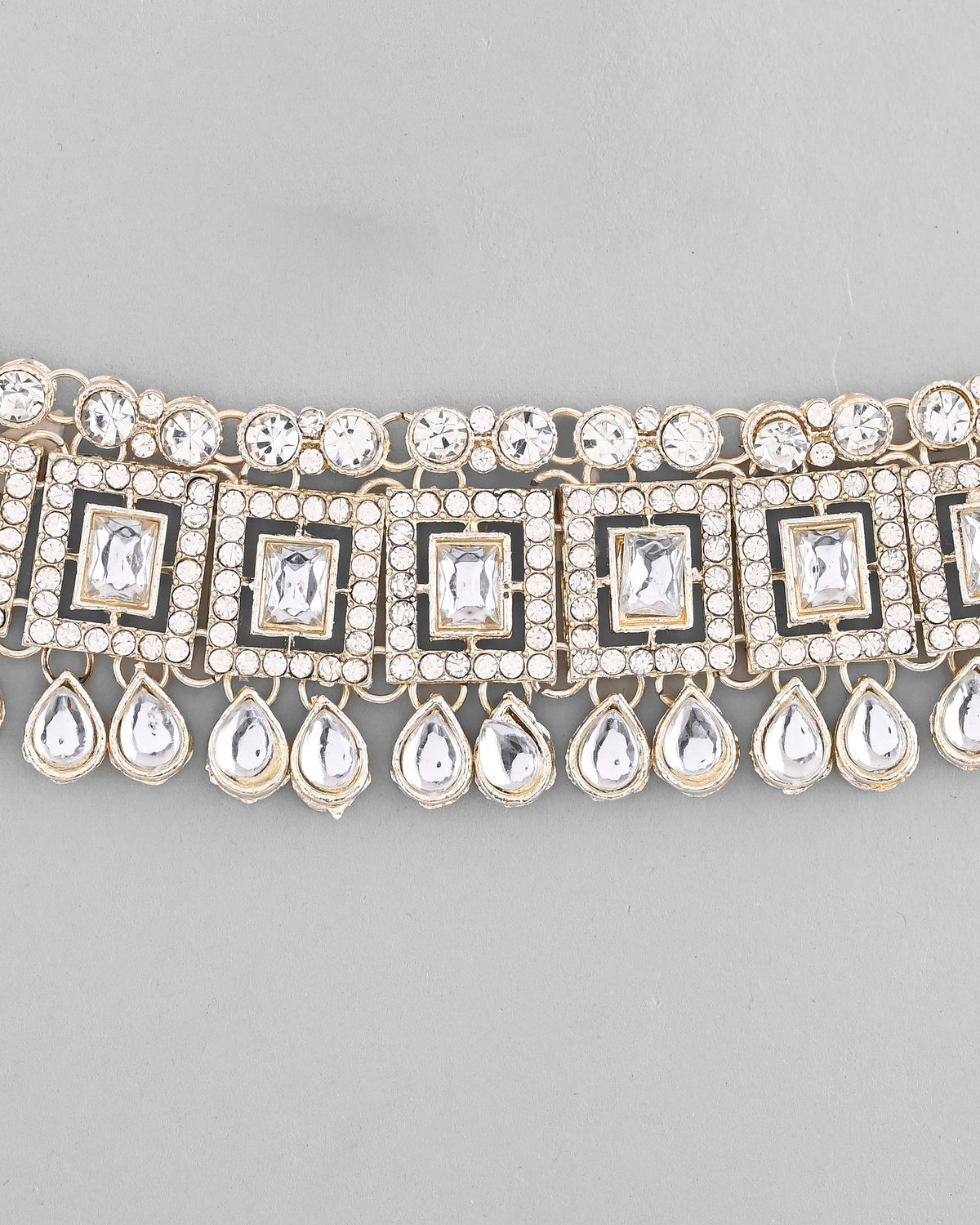 VOJ Silver Plated Stone Studded Designer Necklace With Earrings And Mangtikka