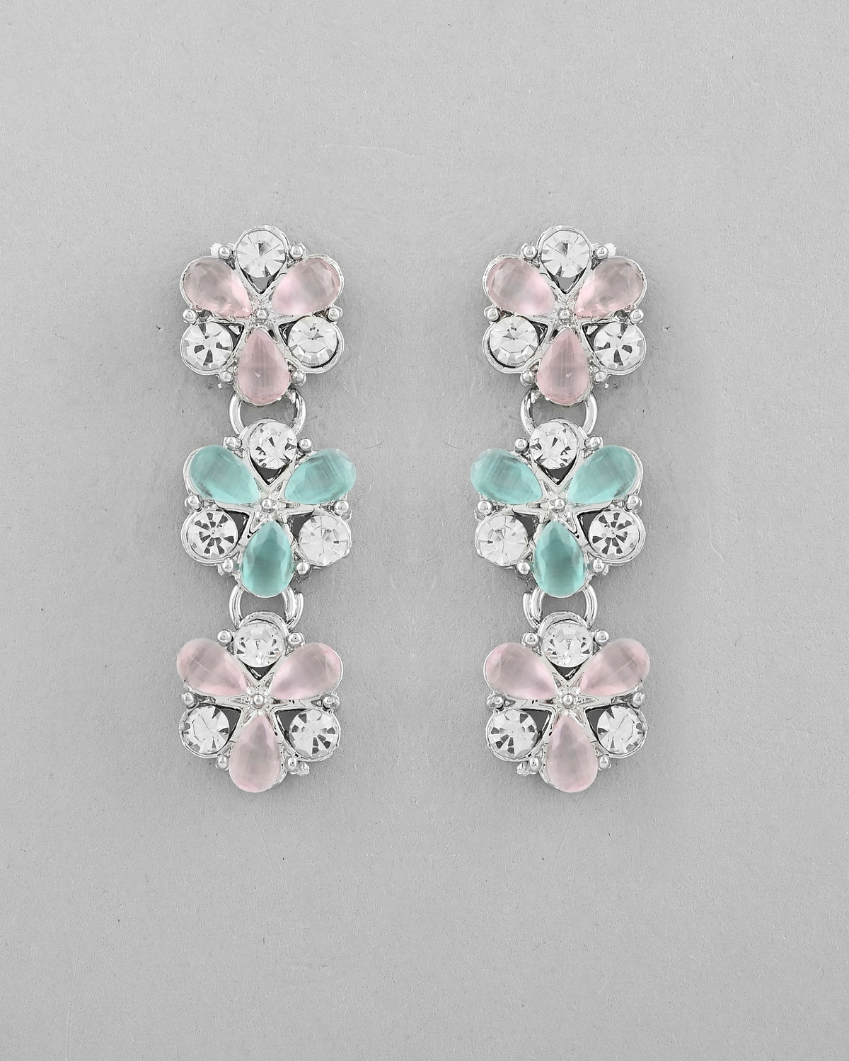 VOJ Silver Plated AD With Nude Green And Light Pink Flower Jewellery Set With Mangtikka