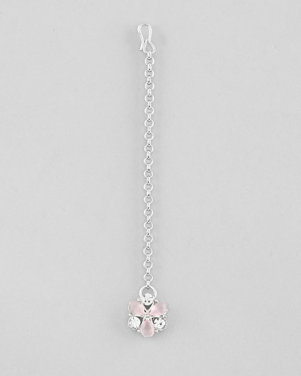 VOJ Silver Plated AD With Nude Green And Light Pink Flower Jewellery Set With Mangtikka