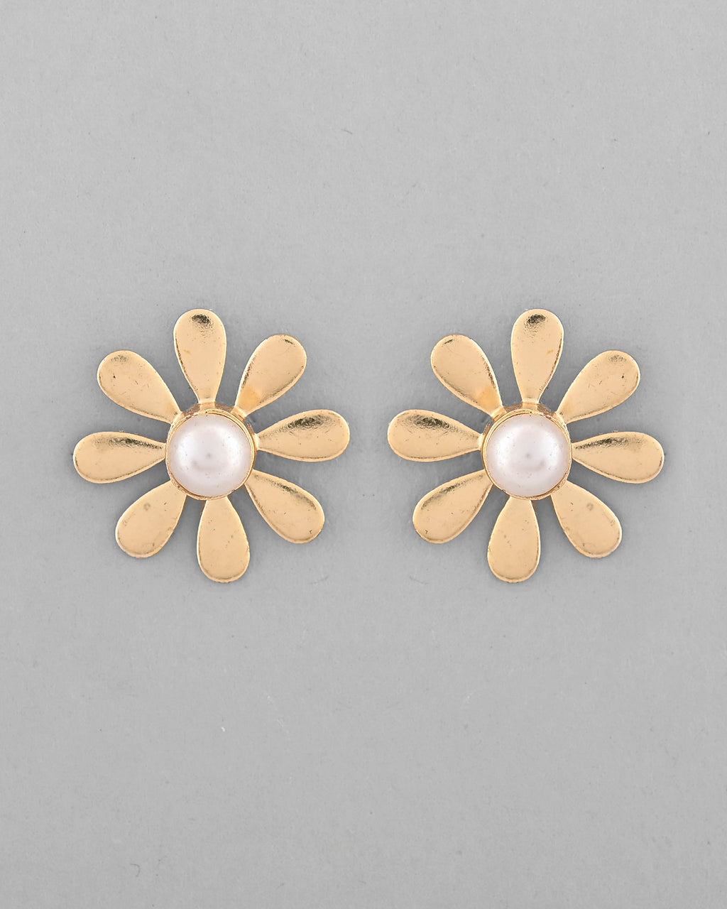 VOJ Gold-Polished Flower Shaped Pearl Stud Earrings