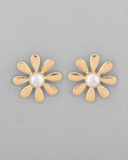 VOJ Gold-Polished Flower Shaped Pearl Stud Earrings