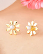VOJ Gold-Polished Flower Shaped Pearl Stud Earrings