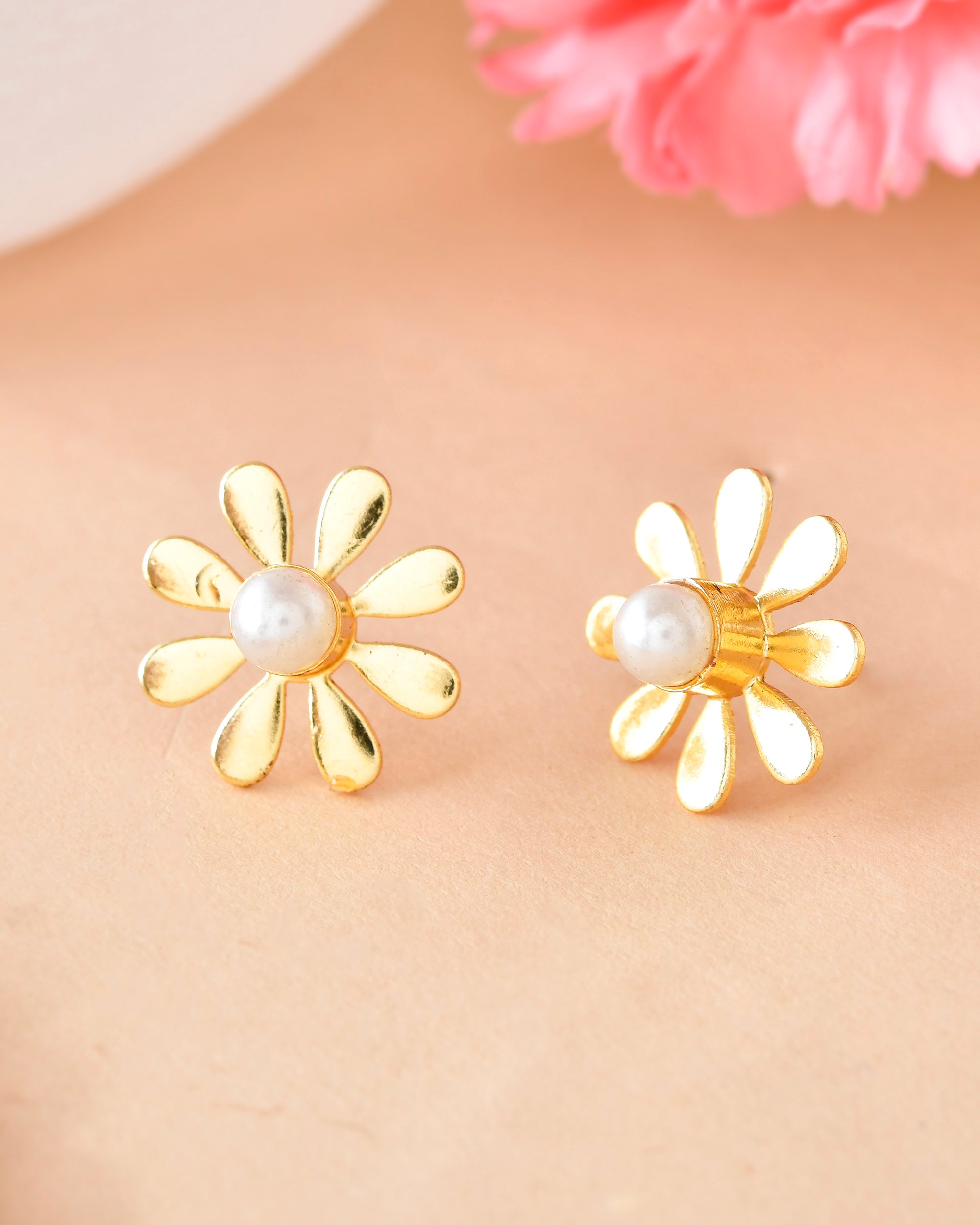 VOJ Gold-Polished Flower Shaped Pearl Stud Earrings