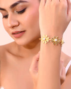 VOJ Gold-Polished with 3 Flower and Pearl Kada Bracelet
