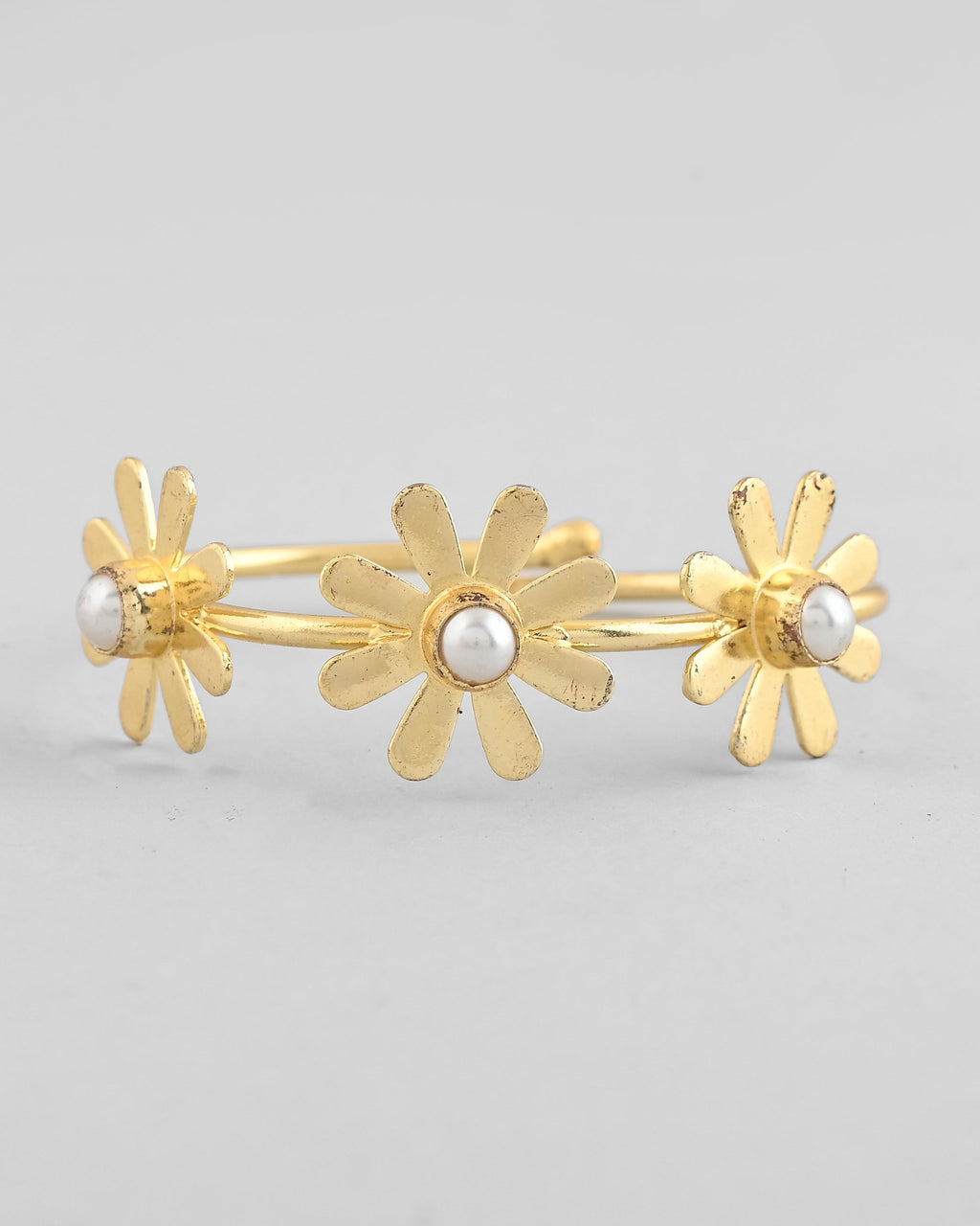 VOJ Gold-Polished with 3 Flower and Pearl Kada Bracelet