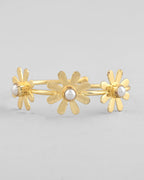 VOJ Gold-Polished with 3 Flower and Pearl Kada Bracelet