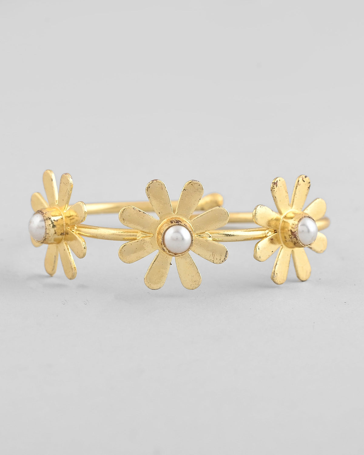 VOJ Gold-Polished with 3 Flower and Pearl Kada Bracelet