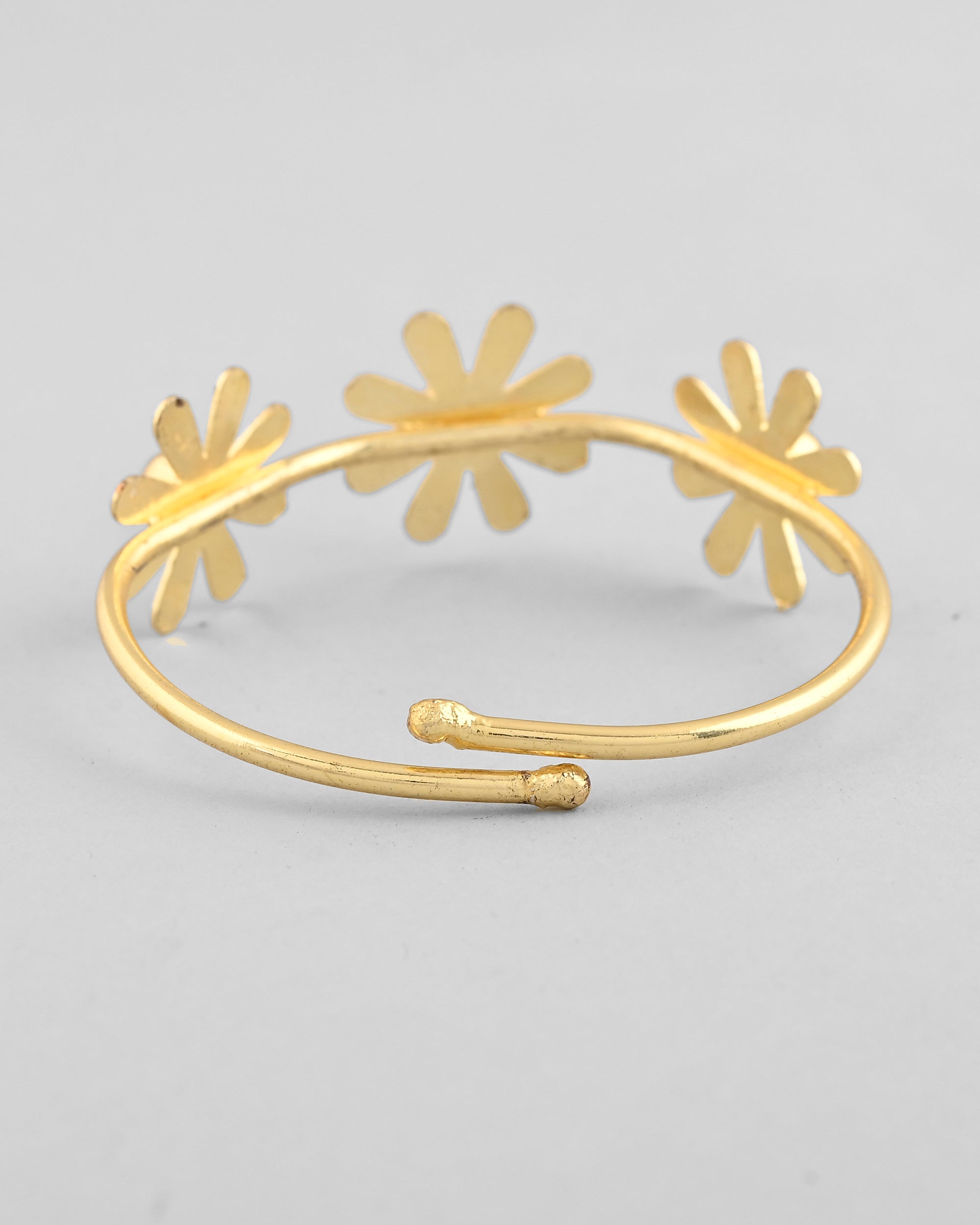 VOJ Gold-Polished with 3 Flower and Pearl Kada Bracelet
