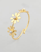 VOJ Gold-Polished with 3 Flower and Pearl Kada Bracelet