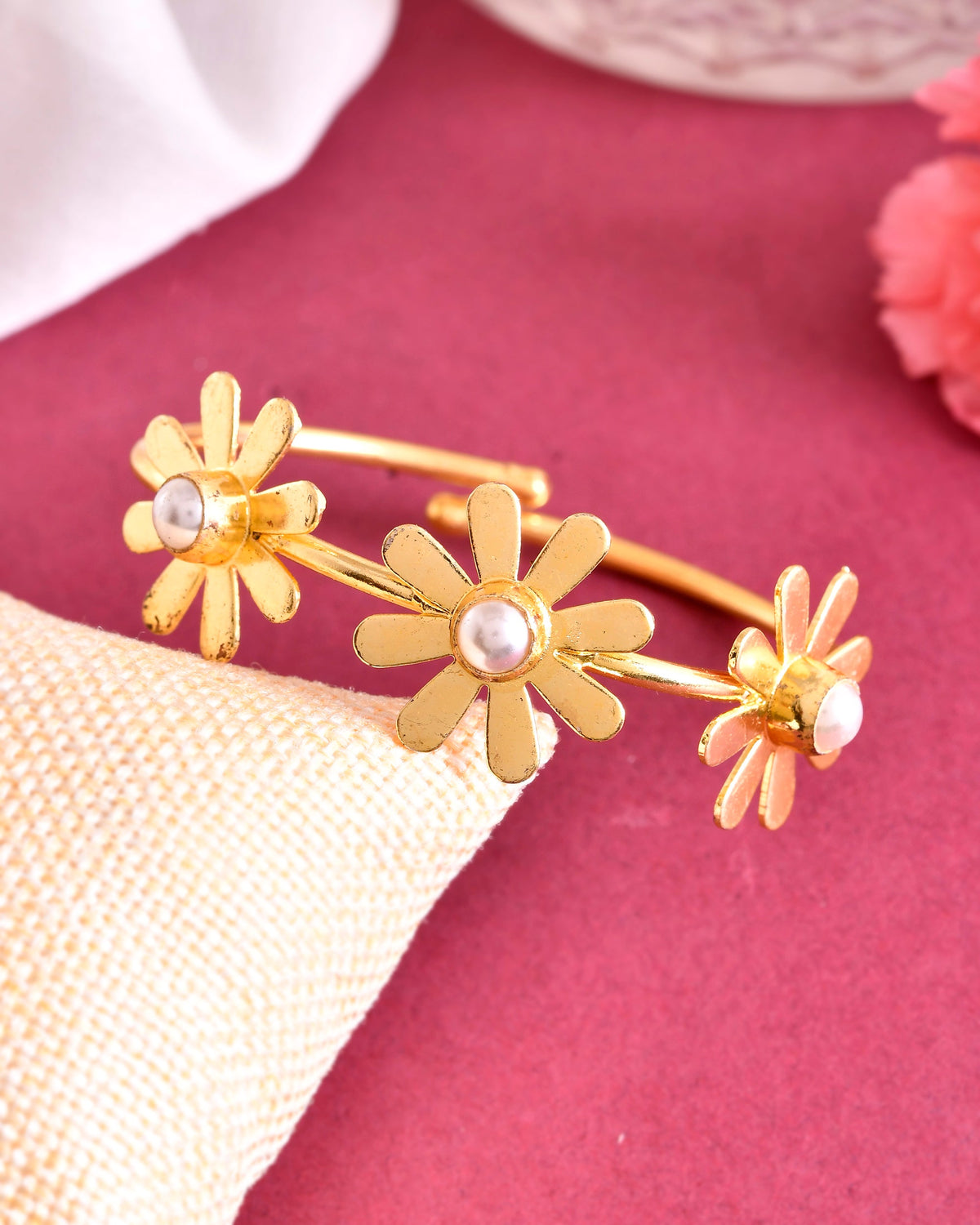 VOJ Gold-Polished with 3 Flower and Pearl Kada Bracelet