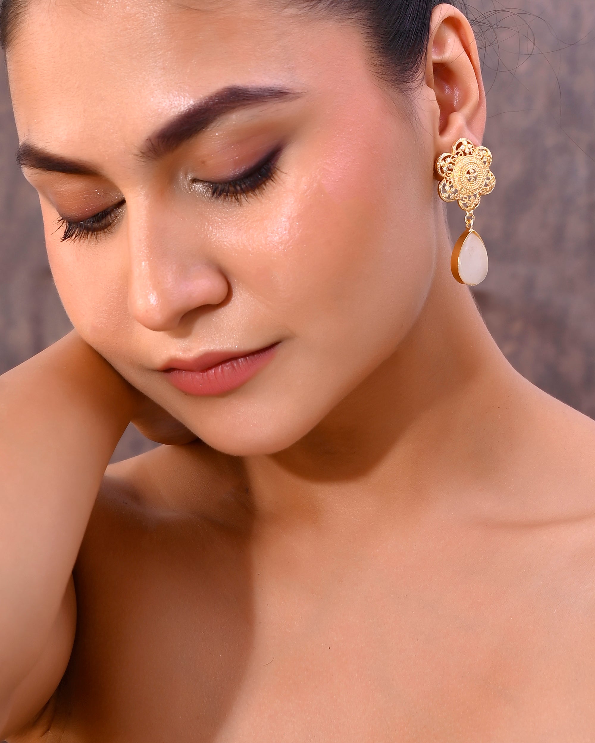 VOJ Gold-Polished Flower Shaped Stone Studded Drop Earrings
