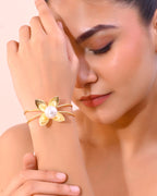 VOJ Gold-Polished Flower Shaped With Pearl In Center Kada Bracelet