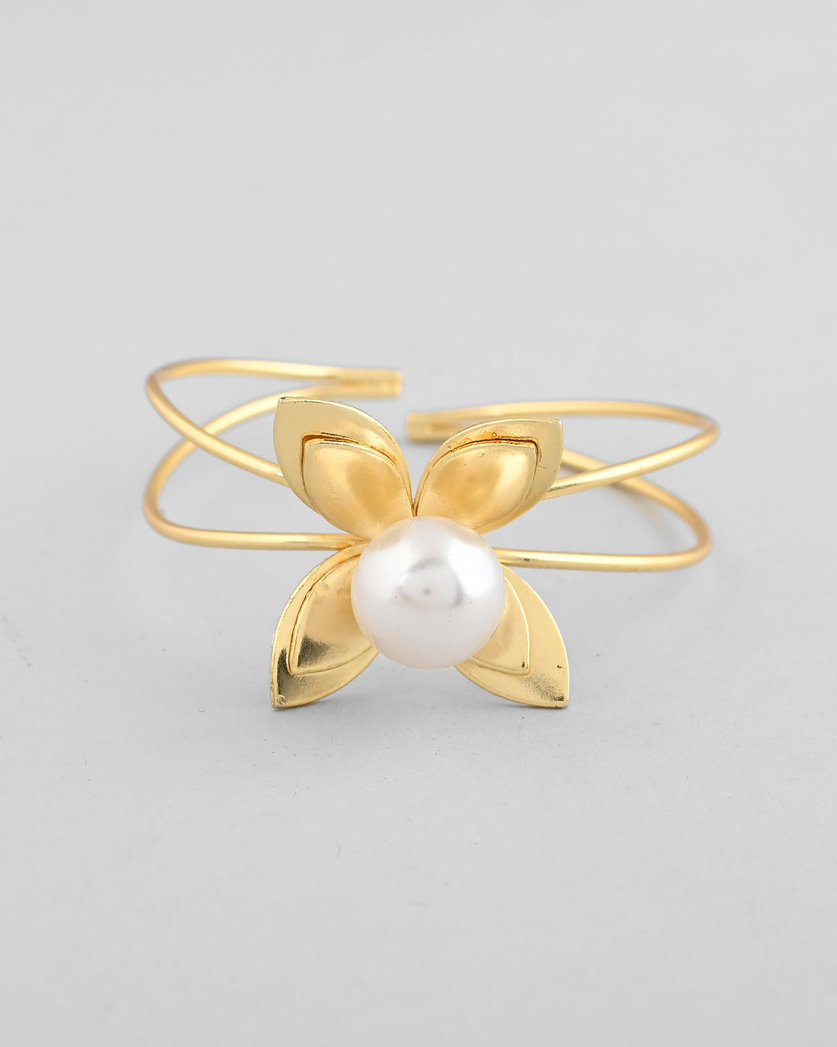 VOJ Gold-Polished Flower Shaped With Pearl In Center Kada Bracelet