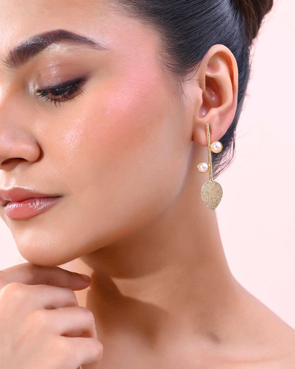 VOJ Gold-Polished Leaf Shaped with Pearl Studded Earrings | Grocsy