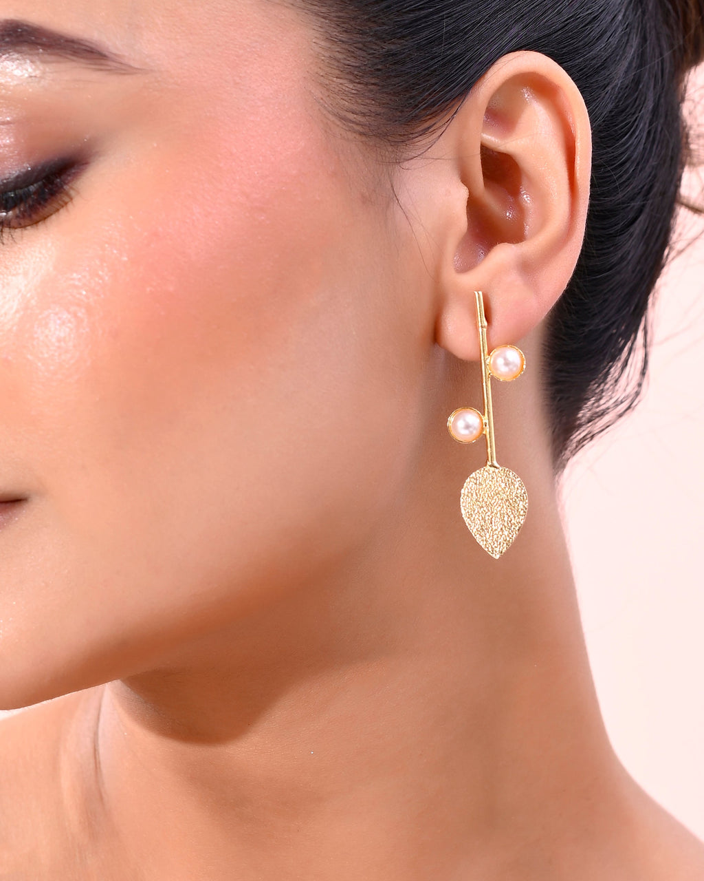 VOJ Gold-Polished Leaf Shaped with Pearl Studded Earrings | Grocsy