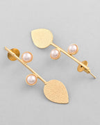 VOJ Gold-Polished Leaf Shaped with Pearl Studded Earrings | Grocsy