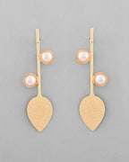 VOJ Gold-Polished Leaf Shaped with Pearl Studded Earrings | Grocsy