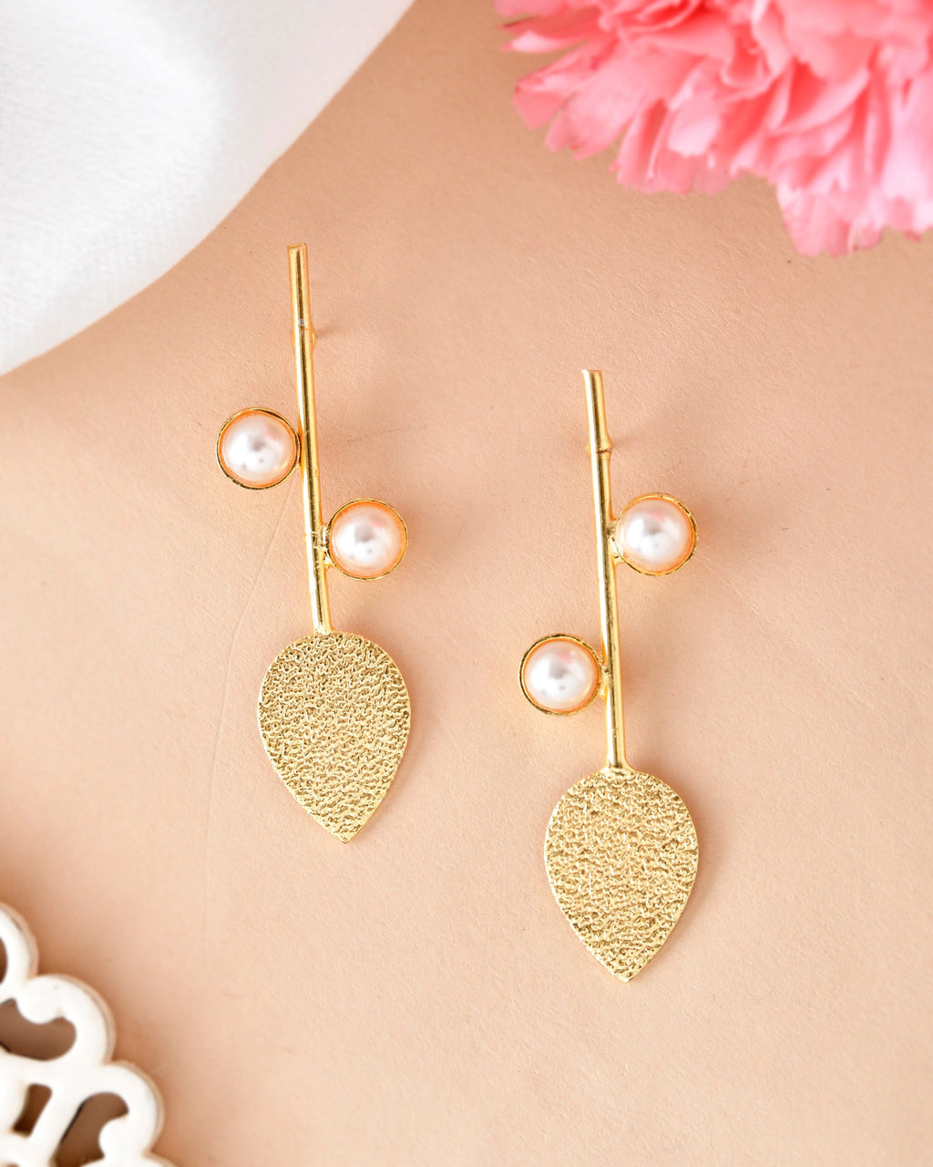 VOJ Gold-Polished Leaf Shaped with Pearl Studded Earrings | Grocsy