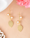 VOJ Gold-Polished Leaf Shaped with Pearl Studded Earrings | Grocsy