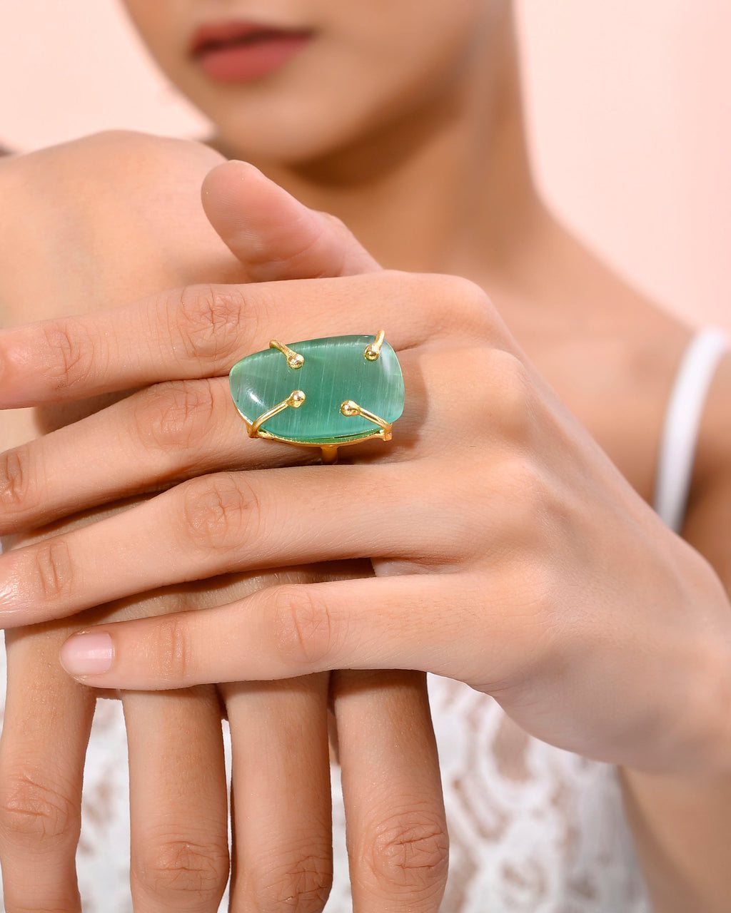 VOJ Gold-Polished Big Green Stone Studded Ring | Grocsy