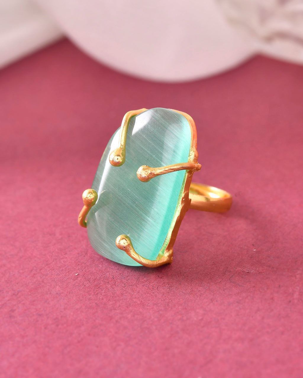 VOJ Gold-Polished Big Green Stone Studded Ring | Grocsy