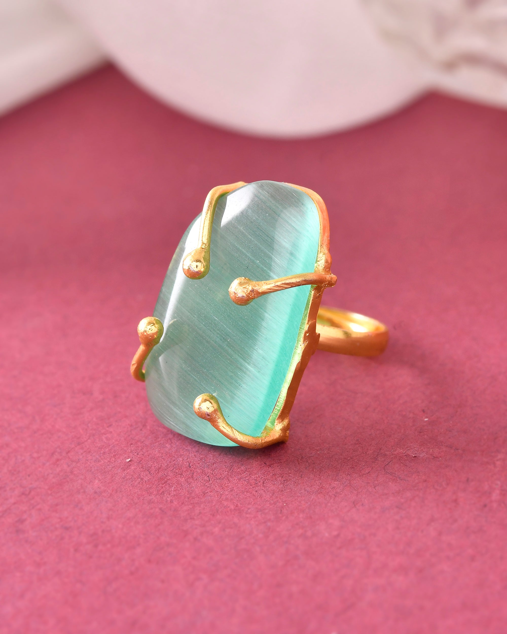 VOJ Gold-Polished Big Green Stone Studded Ring | Grocsy