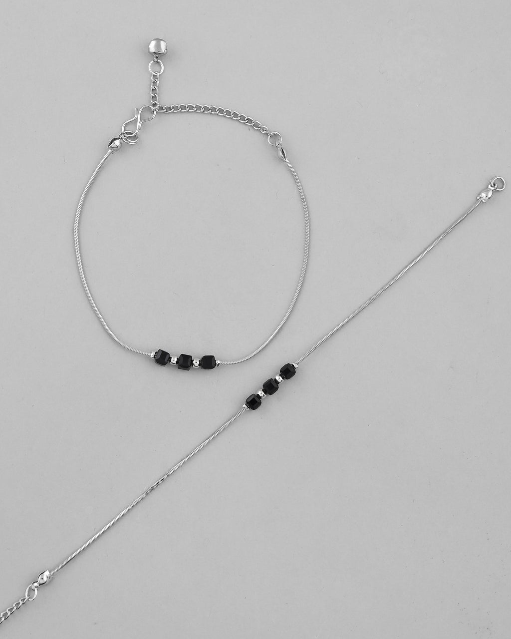 VOJ Set Of 2 Silver Plated With Black Beads Anklet | Grocsy