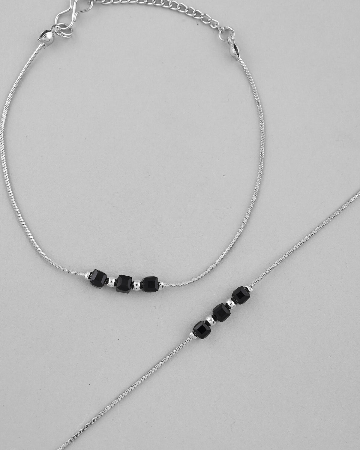 VOJ Set Of 2 Silver Plated With Black Beads Anklet | Grocsy