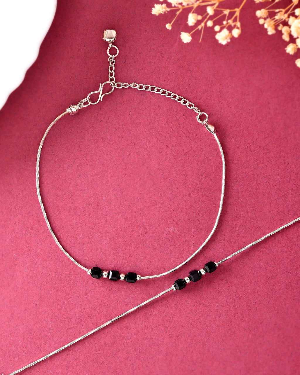 VOJ Set Of 2 Silver Plated With Black Beads Anklet | Grocsy