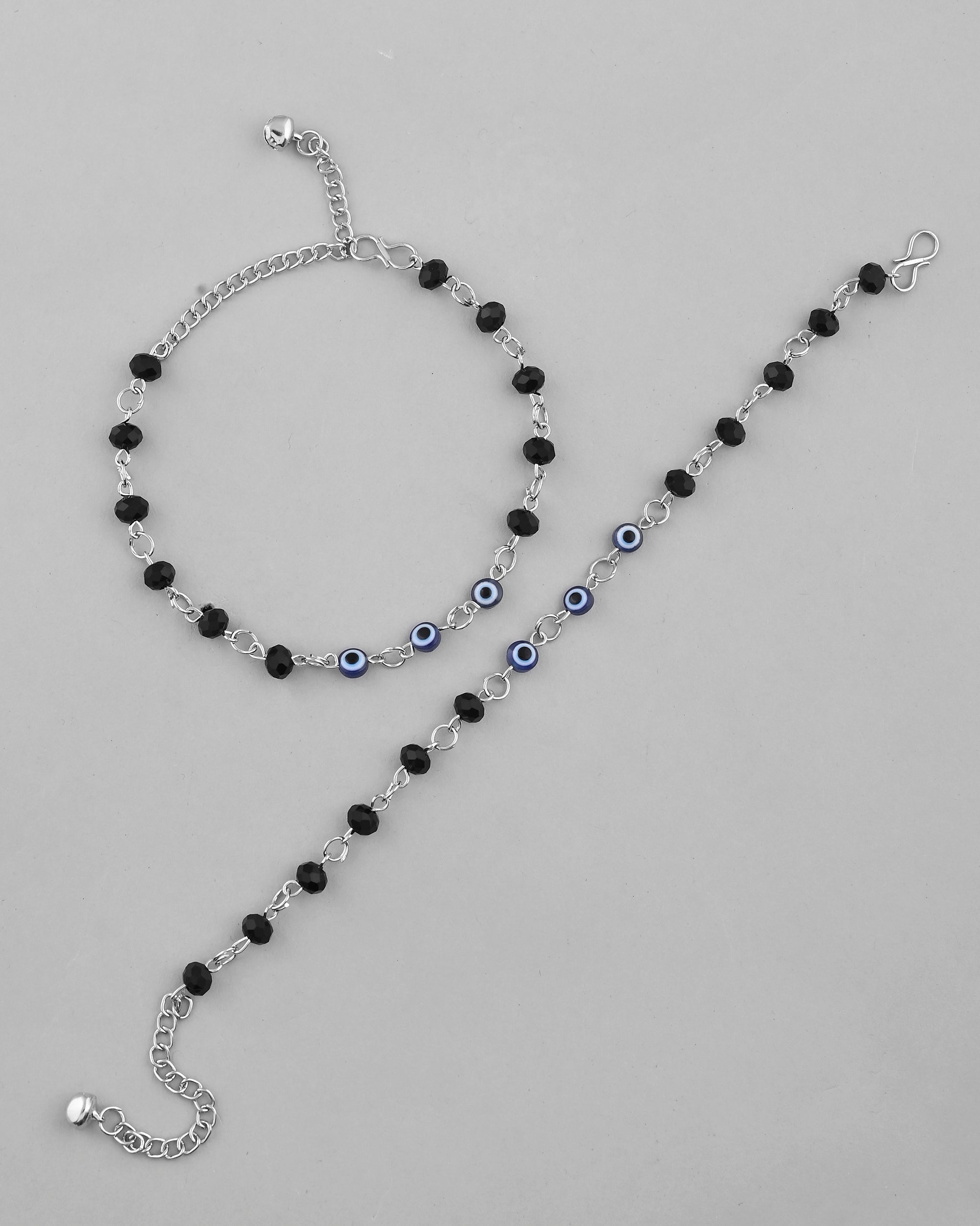 VOJ Set Of 2 Silver Plated With Black beads and Evil Eye Anklet | Grocsy