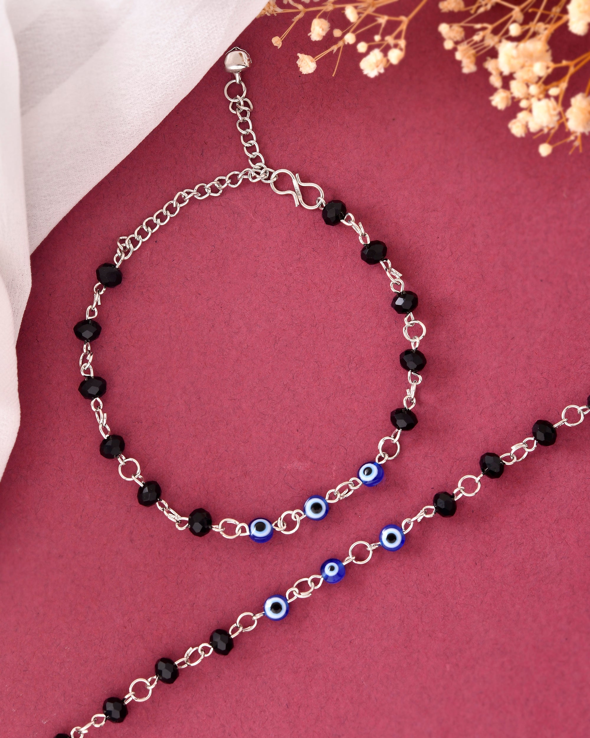 VOJ Set Of 2 Silver Plated With Black beads and Evil Eye Anklet | Grocsy