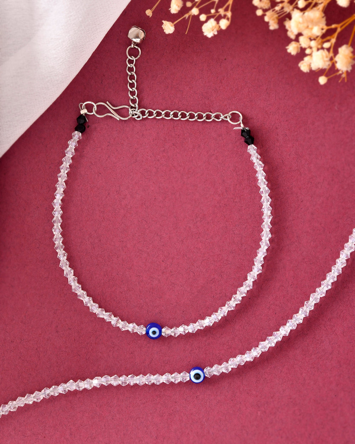 VOJ Set Of 2 Silver Plated With White beads and Evil Eye Anklet | Grocsy