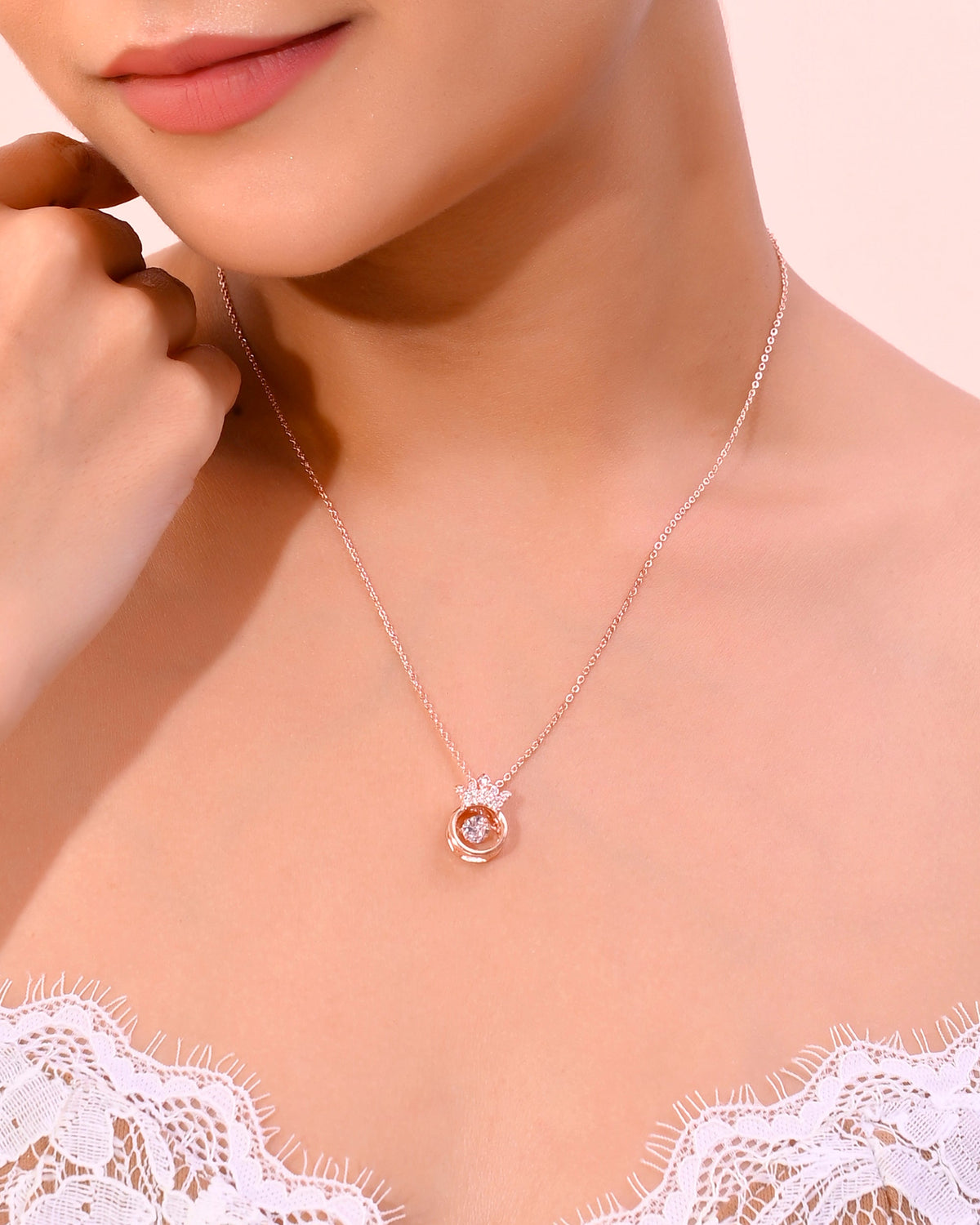 VOJ Rose Gold-Polished Chain With AD Studded crown Shaped Pendent | Grocsy