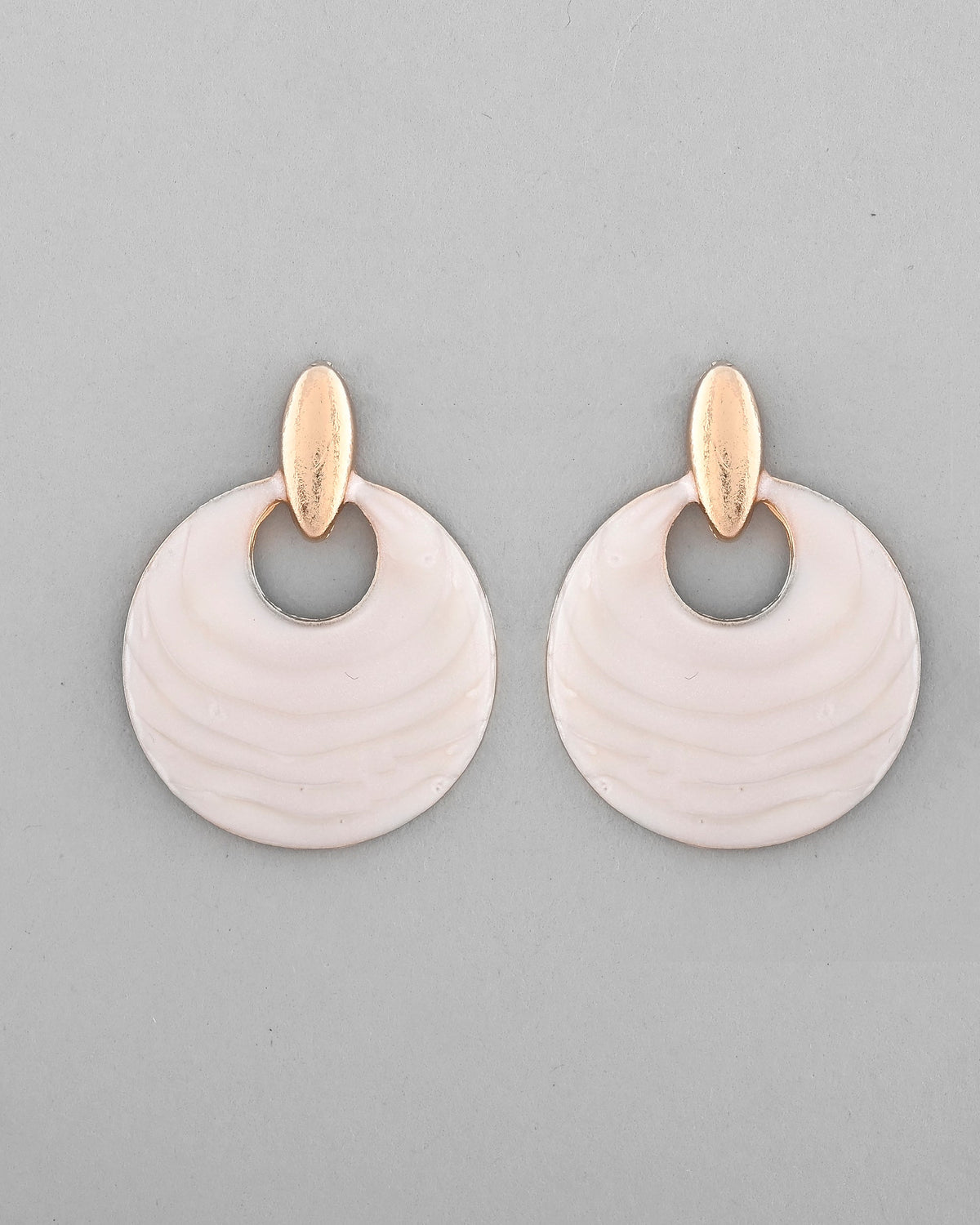VOJ Gold-Polished Korean Style White Circular Studs Earrings