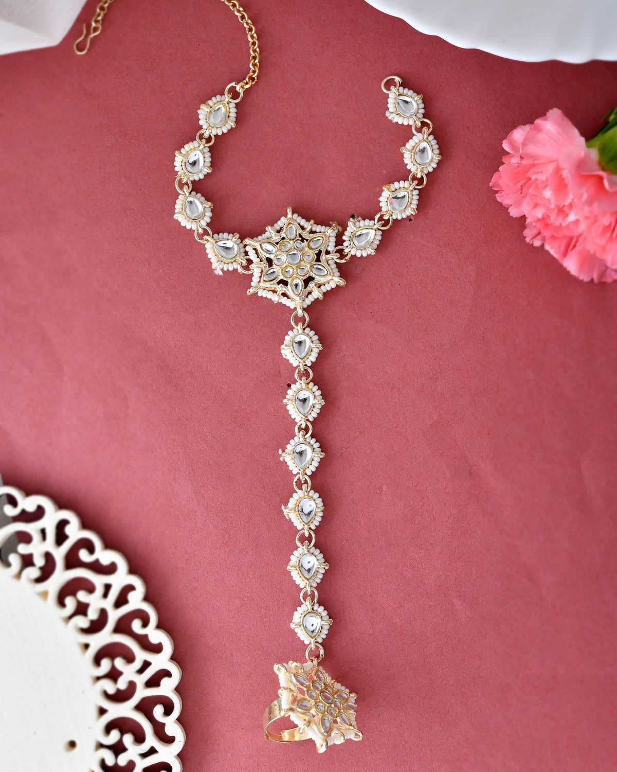 VOJ Gold-Polished Pearl And Kundan Ring Bracelet