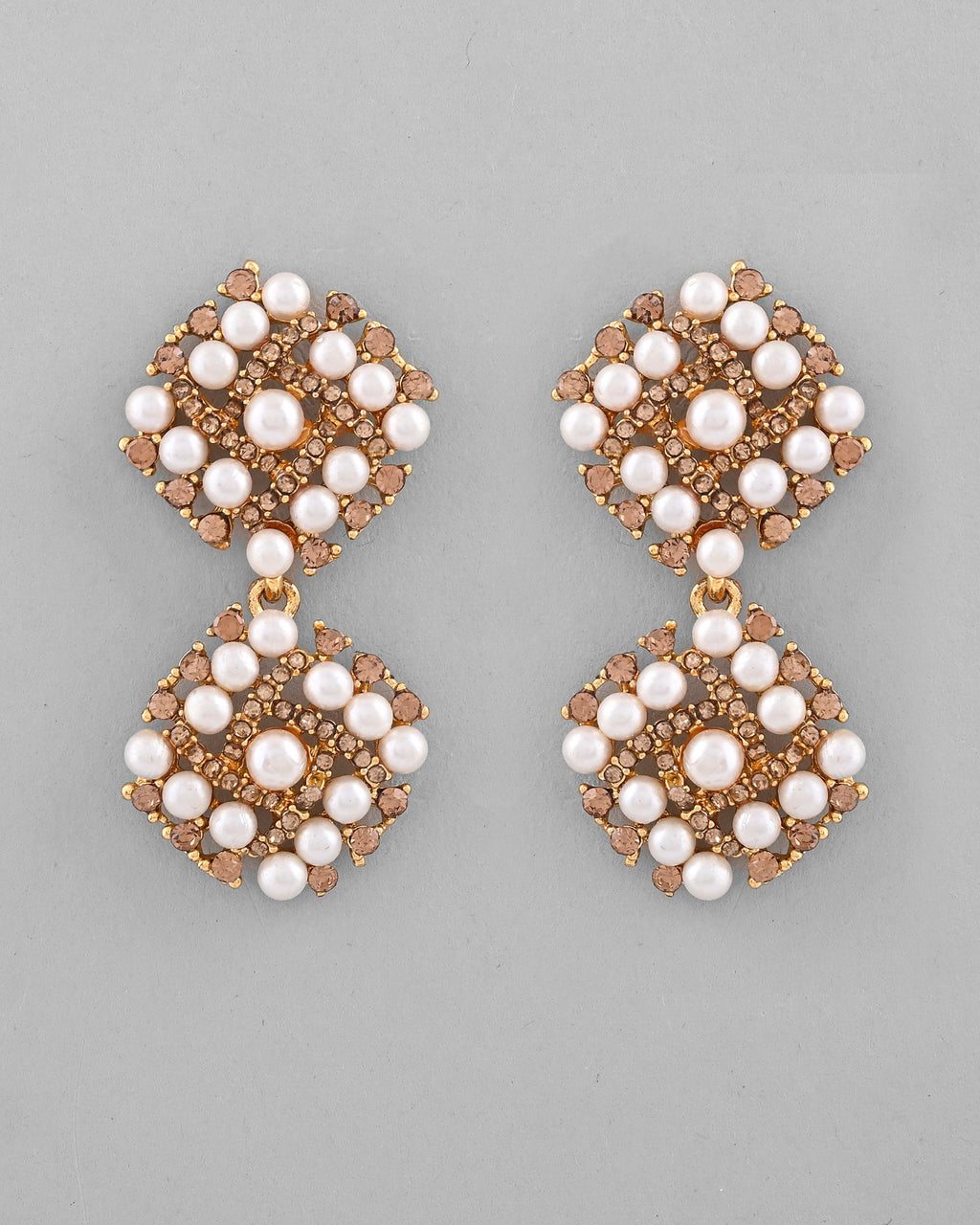 VOJ Gold-Polished Pearl And Gold Stone Drop Stud Earrings